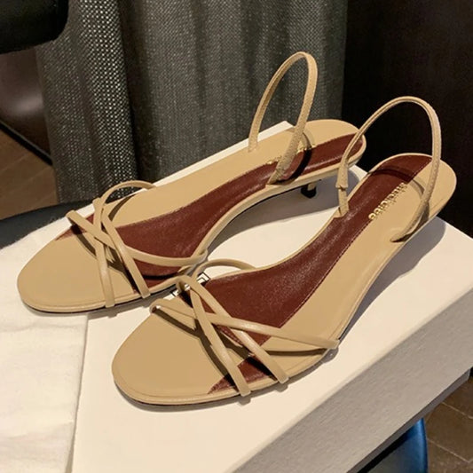 Fashion Pointed Toe Cross Tied Kitten Heel Sandal Women Summer Sexy Open Toe Patchwork Slide Sandal Elegant Comfort Zapato Mujer