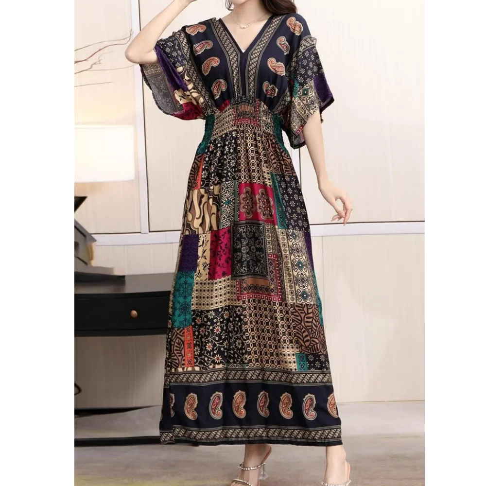 Women Bohemian Ethnic Printed Holiday Dress V-Neck Elastic Waist Casual Batswing Sleeve Mid Dress Elegant Vintage Retro Dress