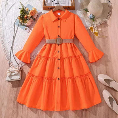 Summer Children Dress Casual Princess Dresses For 8-12 Years Kids Girls Orange Lapel Long-Sleeved Dress With Belt Cute Clothes