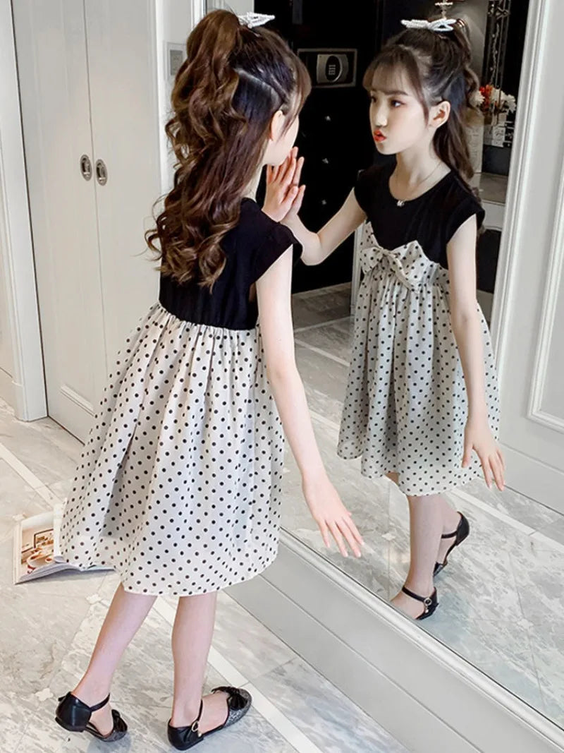 Sweet Polka Dot Midi Dress for Baby Girls Summer Clothes Girl's Elegant Dresses Children 7 8 Years Women's Cotton Linen 9 10 Kid