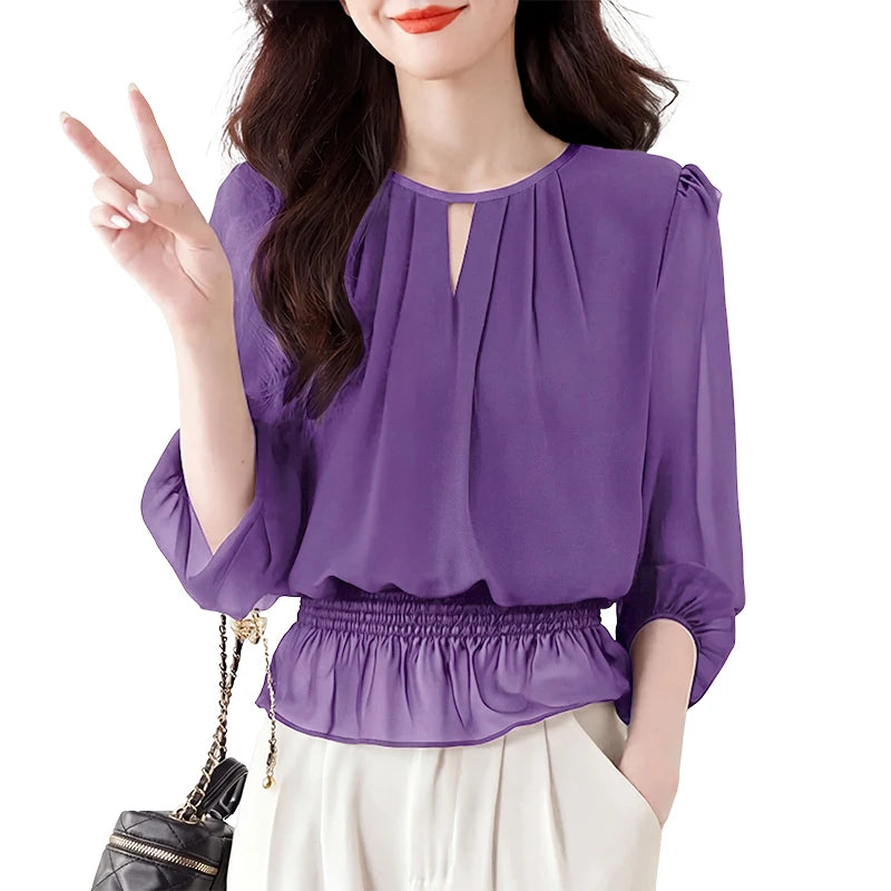 ZANZEA Women Chiffon Sheer Blouses Elegant O-Neck Puff Sleeve Shirred Waist Ruffled Hem Tops Summer Commute Blusas de Mujer