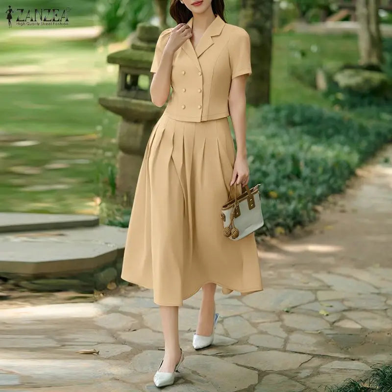 2026 ZANZEA Summer Office OL Outfits Elegant Women Dress Sets Lapel Neck Short Sleeve Shirt Pleated Midi Skirt Suit 2 Piece Sets