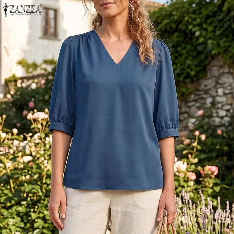 ZANZEA Women Blouse Elegant V Neck Puff Half Sleeve Solid Color OL Work Blusas Casual Tunic Oversize Streetwear Summer Autumn