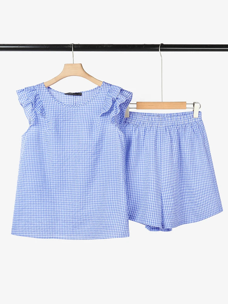Stylish Smmer 2 Pieces Sets ZANZEA Women Outfits Elegant Sleeveless Blouse Short Sets Plaid Checked Tracksuit 2PCS Holiday Suit