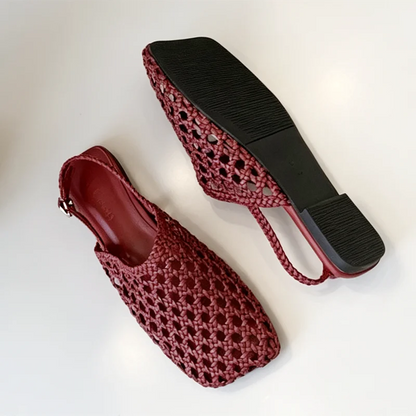 High Quality Hollow Woven Flat Sandals Women Square Toe Back Strap Detail Lolita Style Shoes Summer Comfortable Women's Shoes
