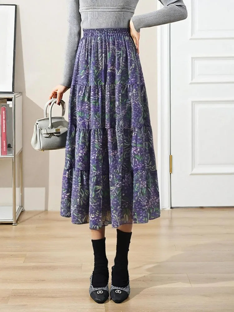 150Kg Plus Size Women's Hip 170 Summer Floral A-Line Skirt High Waisted Large Hem Elegant Skirt Purple 5XL 6XL 7XL 8XL 9XL