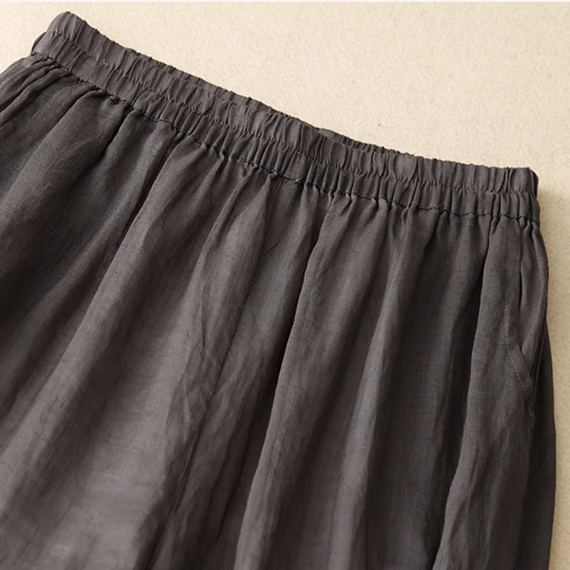 Gray Cotton Linen Casual Elastic High Waist With Lining Women's Pants Korean Fashion Wide Leg Ankle-Length Pants For Women 2024