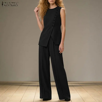 Fashion ZANZEA Summer Sleeveless Tanks Tops Trousers Suit Solid Color OL Work Tracksuit Outfit Matching Set 2PCS Women Pant Sets