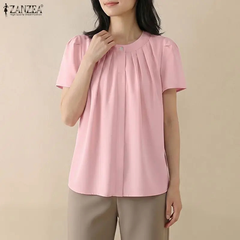 ZANZEA Women Summer Blouse Fashion Short Sleeve Tunic Tops Pleated Casual Office O-Neck Tee Streetwear Blusas Oversize Tunic