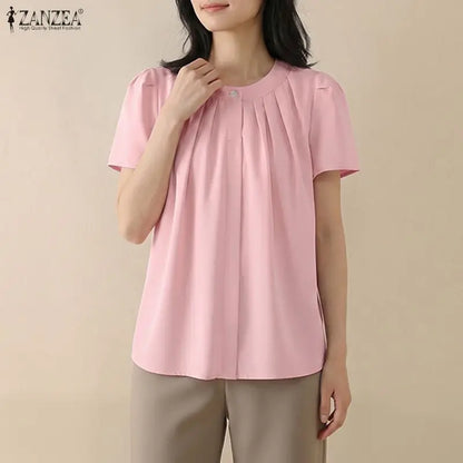 ZANZEA Women Summer Blouse Fashion Short Sleeve Tunic Tops Pleated Casual Office O-Neck Tee Streetwear Blusas Oversize Tunic