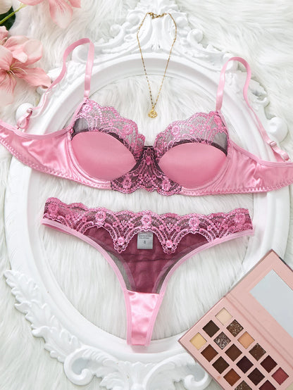 Women's Romantic Pink Lace Lingerie Set Padded Balconette Bra + Sheer Thong Satin Trim Date Night/Valentine's Underwear ZA824289