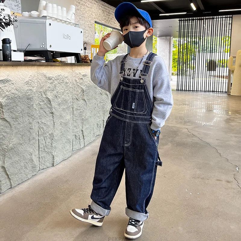 Kids Denim Jumpsuit For Boys Dungarees Overalls Streetwear Children Causal Jeans with Straps Suspenders 5 6 7 8 9 10 11 12 13 14