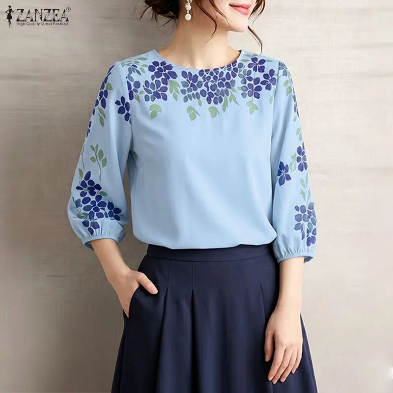 ZANZEA 2026 Woman Floral Print Blouses Elegant O-Neck 3/4 Puff Sleeve Tops Summer Casual Vacation Everyday Wear Blusas de Mujer