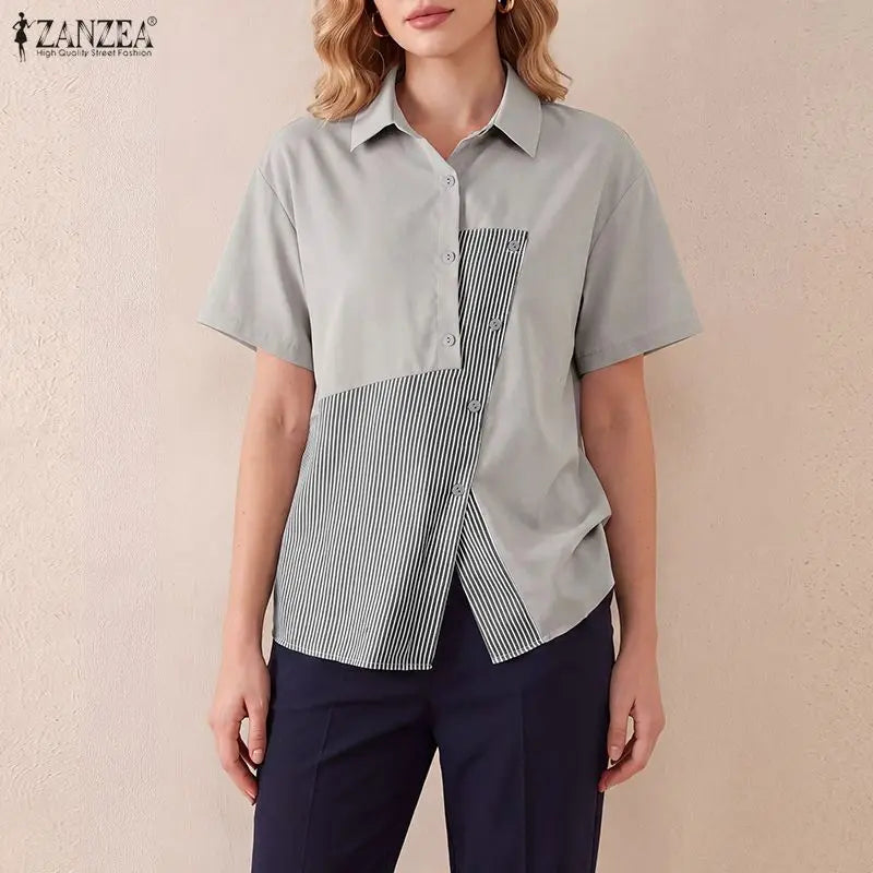 Women Shirt ZANZEA Fashion Patchwork Summer Short Sleeve Tops Striped Tee Oversize Blusas Turn-down Collar Tunic Streetwear