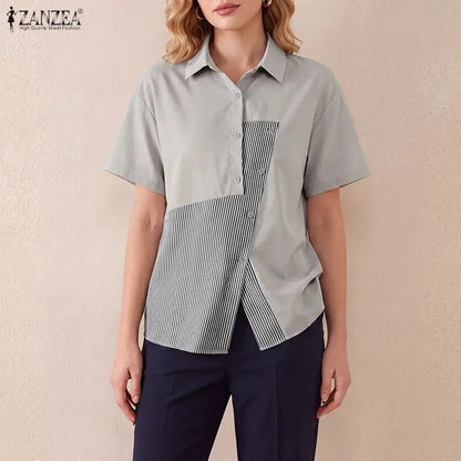 Women Shirt ZANZEA Fashion Patchwork Summer Short Sleeve Tops Striped Tee Oversize Blusas Turn-down Collar Tunic Streetwear