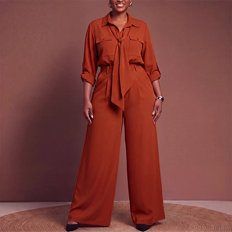 VONDA Plus Size Women Suits Long Sleeve Lapel Neck Tops High Waisted Pants Sets Casual Loose Solid Color Outfits Two-piece