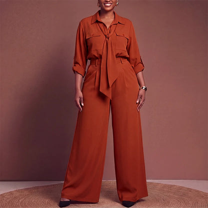 VONDA Plus Size Women Suits Long Sleeve Lapel Neck Tops High Waisted Pants Sets Casual Loose Solid Color Outfits Two-piece