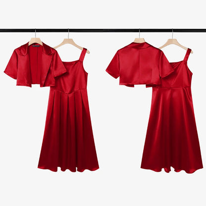 ZANZEA Women's Elegant Satin Dress Sets Sleeveless Pleated Maxi Dress & Short Sleeve Cropped Jackets 2 Piece Sets Fashion Outfit