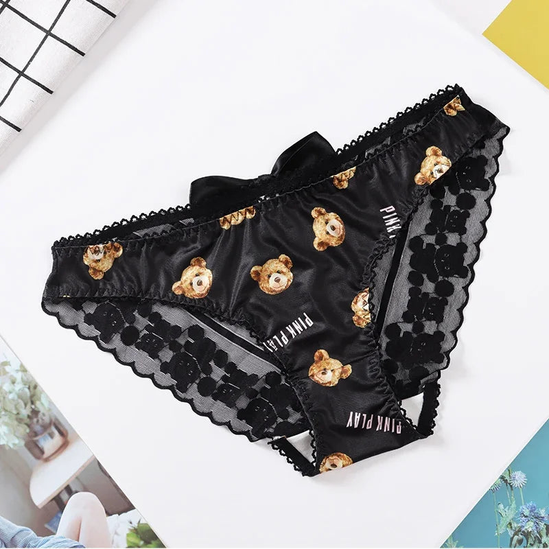 Couple Panties Set Sexy Lace Ice Silk Fabrics Underwear Men's Boxers Cartoon Bear Print Panties set Women's Briefs 1 PCS