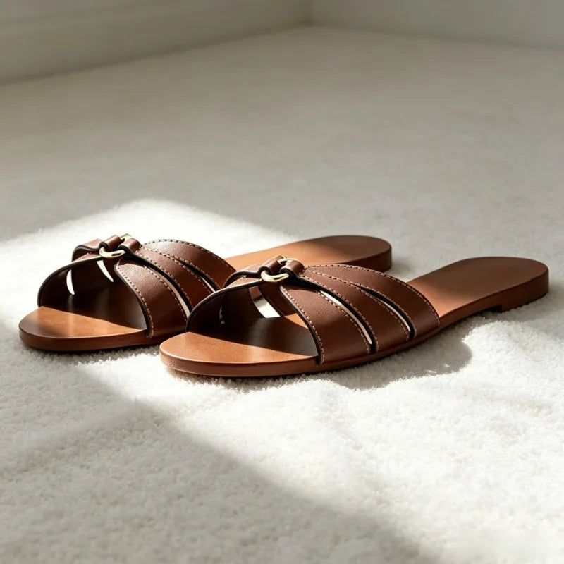 Unique Metal-decorated Flat Sandals Women Novelty Sewing Narrow Band Designer Shoes Cozy Open Toe Beach Sandals Zapatos De Mujer