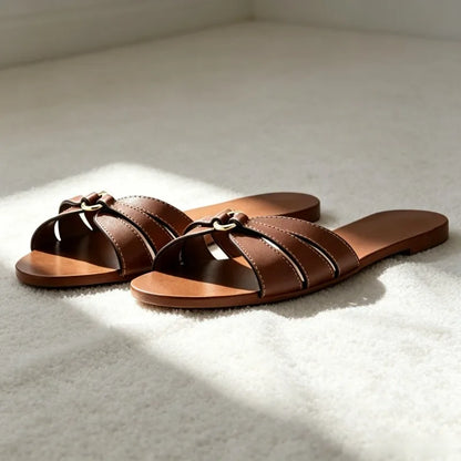 Unique Metal-decorated Flat Sandals Women Novelty Sewing Narrow Band Designer Shoes Cozy Open Toe Beach Sandals Zapatos De Mujer