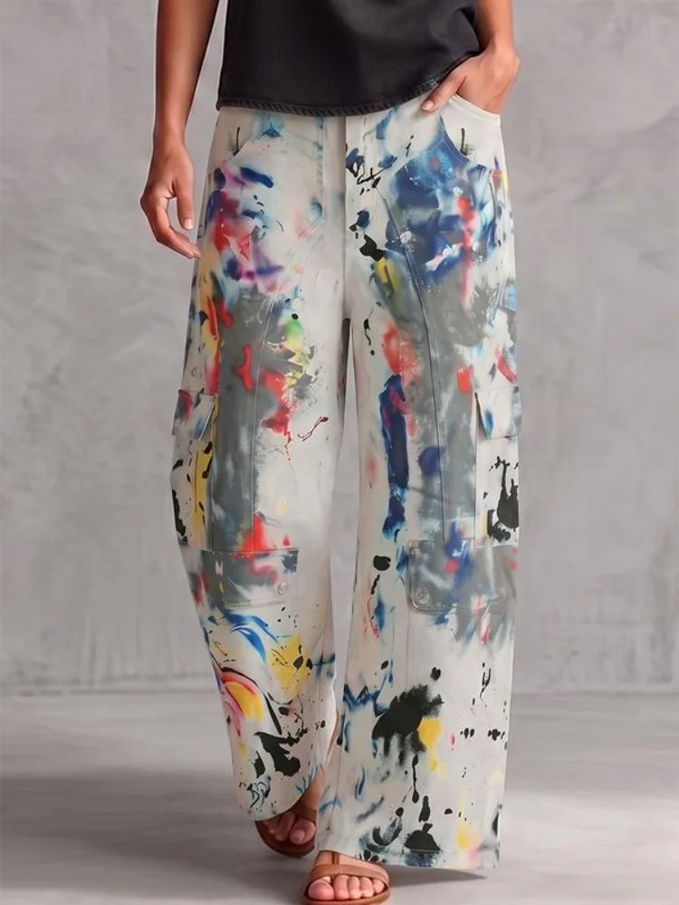 Yeezzi Women Colorful Contrast Color Printed Wide Leg Cargo Pants High Waist Multi Pockets Straight Casual Streetwear Trousers