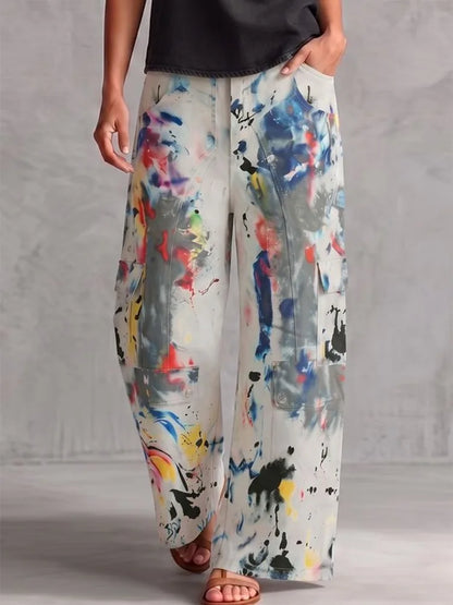 Yeezzi Women Colorful Contrast Color Printed Wide Leg Cargo Pants High Waist Multi Pockets Straight Casual Streetwear Trousers
