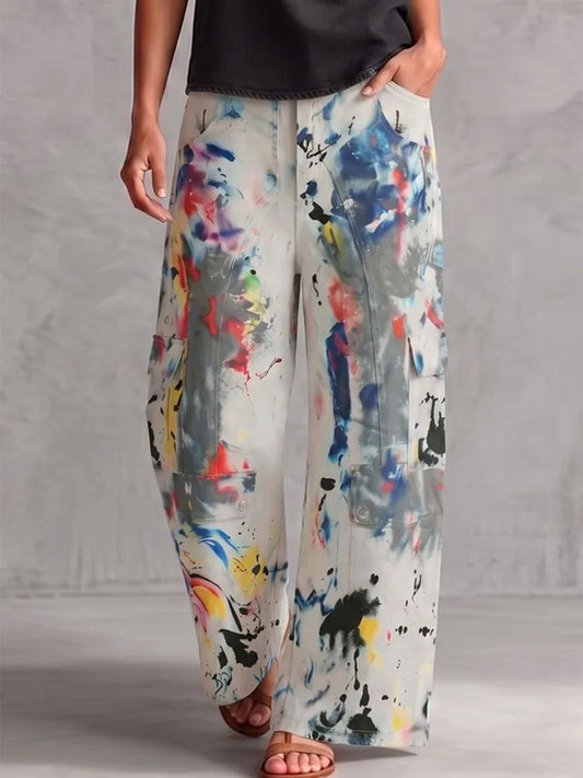Yeezzi Women Colorful Contrast Color Printed Wide Leg Cargo Pants High Waist Multi Pockets Straight Casual Streetwear Trousers