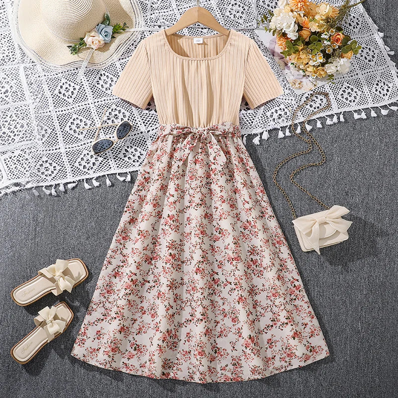 Beige Knitted Square Collar Patchwork Belted Ditsy A-line Dress Casual Style Tween Kids Dress Vacation Outgoing Daily Dress