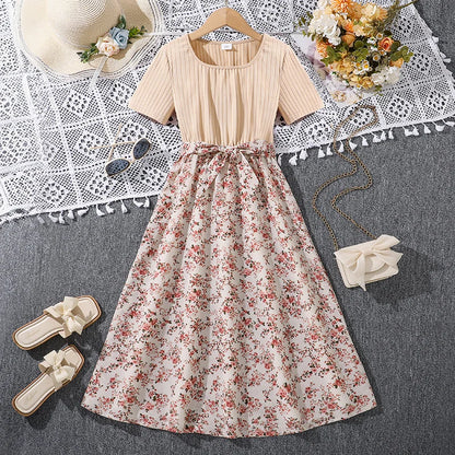 Beige Knitted Square Collar Patchwork Belted Ditsy A-line Dress Casual Style Tween Kids Dress Vacation Outgoing Daily Dress