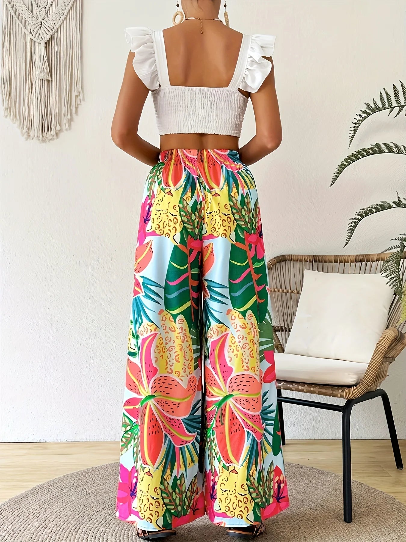Women's Floral Tropical Wide Leg Pants Casual Comfortable Loose Fit Vacation Wear with Elastic Waist 2026