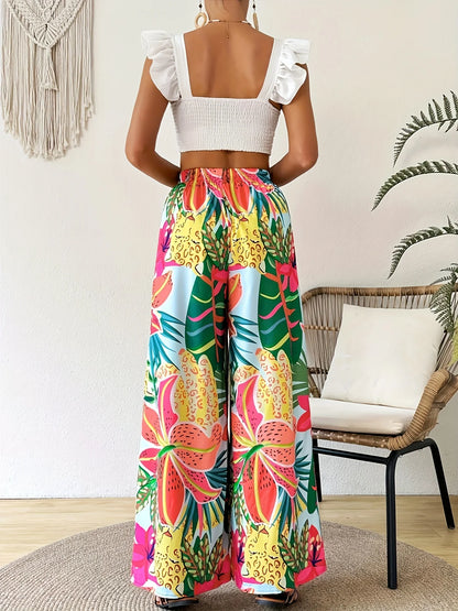 Women's Floral Tropical Wide Leg Pants Casual Comfortable Loose Fit Vacation Wear with Elastic Waist 2026
