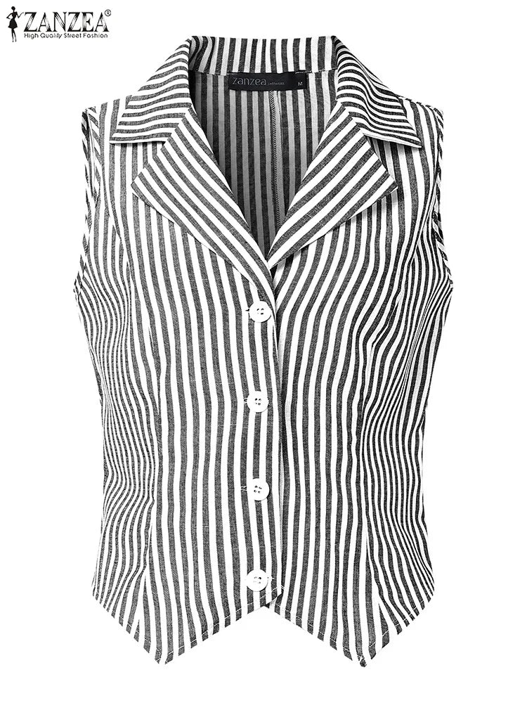 ZANZEA Womens Fashion Striped Waistcoat 2025 Summer Elegant Lapel Sleeveless Vests Tops Commute Office Lightweight Tank Tops