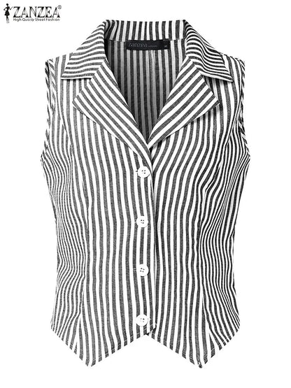 ZANZEA Womens Fashion Striped Waistcoat 2025 Summer Elegant Lapel Sleeveless Vests Tops Commute Office Lightweight Tank Tops