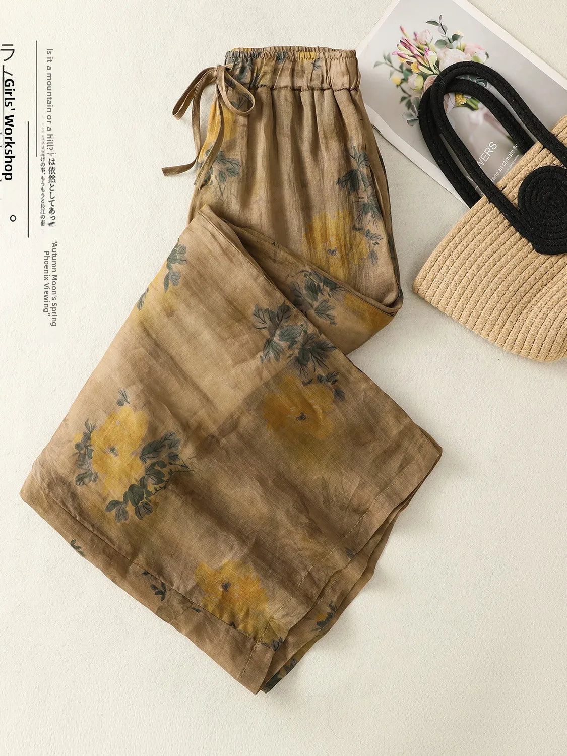 High Waist Wide Leg Pants Women's Casual Floral Print Artistic Versatile Cotton Linen Spring Autumn Season Pear Shaped Body Type