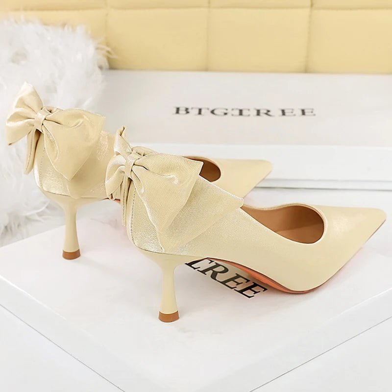 BIGTREE Shoes Pointed Women Pumps Bowknot Satin Kitten Heels Ladies Shoes Stiletto 6.5 CM Comfort Luxury Banquet Shoes Women