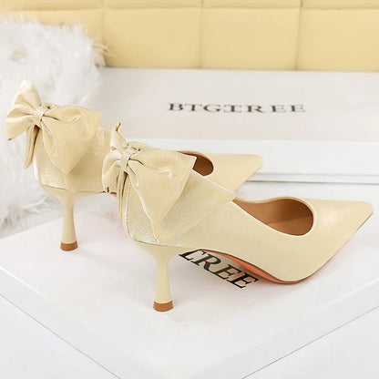 BIGTREE Shoes Pointed Women Pumps Bowknot Satin Kitten Heels Ladies Shoes Stiletto 6.5 CM Comfort Luxury Banquet Shoes Women