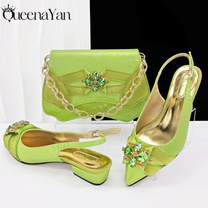 Newest Lemon Green Color Party Weddling Low Heels Pointed Toe Women Shoes and Bag Made of New Bright Materials Comfortable Heels
