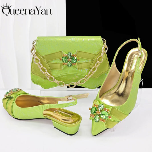 Newest Lemon Green Color Party Weddling Low Heels Pointed Toe Women Shoes and Bag Made of New Bright Materials Comfortable Heels