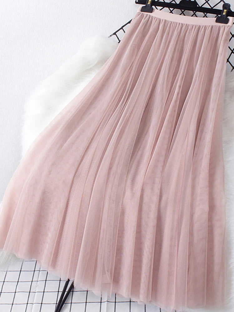 New Big Hem Long Tulle Skirt Women Korean Casual Simple Solid 3 Layers A Line High Waist Maxi Skirt Female Lady Purple