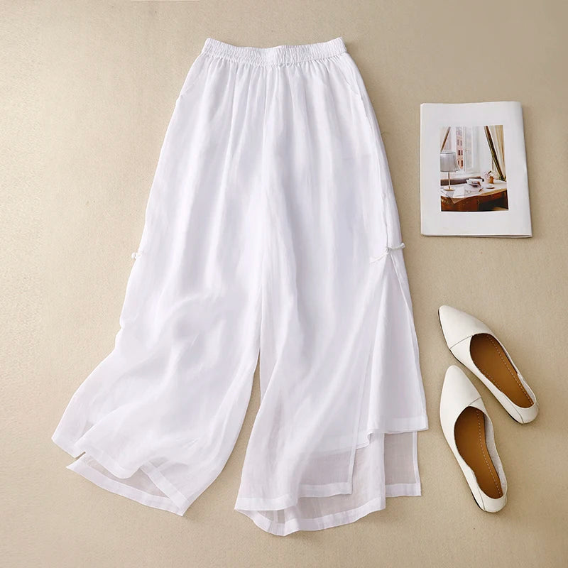 Gray Cotton Linen Casual Elastic High Waist With Lining Women's Pants Korean Fashion Wide Leg Ankle-Length Pants For Women 2024