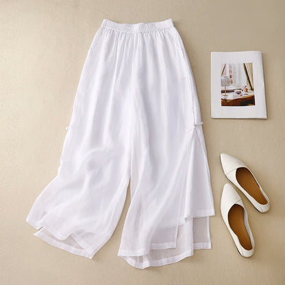 Gray Cotton Linen Casual Elastic High Waist With Lining Women's Pants Korean Fashion Wide Leg Ankle-Length Pants For Women 2024