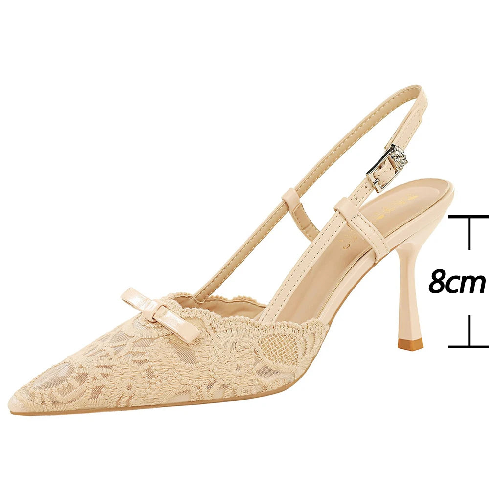BIGTREE Shoes Temperament Socialite High Heels Women Sandals Summer Bowknot Women Pumps Sexy Lace Mesh Party Shoes Stiletto 8 CM