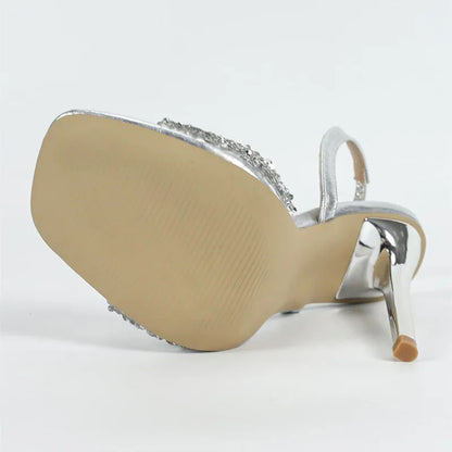 Crystal Rhinestone Super High Heels Women Sexy Square Head Open Toe Back Strap Heeled Sandals Elegant Silver Party Dress Shoes