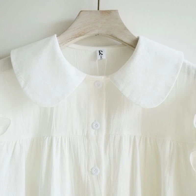Girls' 2026 Summer Shirt Big Kids Doll Collar Pure Cotton Short Sleeve Blouse Solid Color Casual Top for School Daily Wear