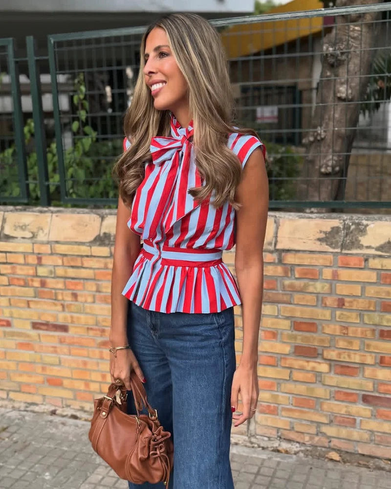 Women's Shirt 2026 New Spring Summer Bowknot Sleeveless Slim Striped Shirt for Women Casual Chic Personality Female Shirt