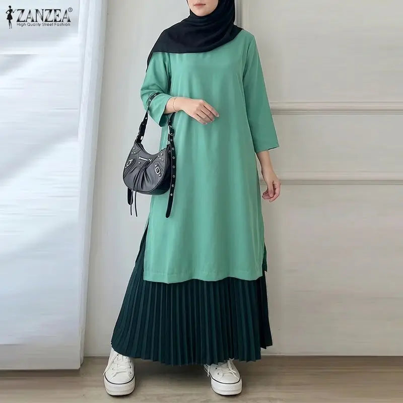 Women Patchwork Muslim Abaya Dress ZANZEA Summer Maxi Long Dress Ramadan Robe Fashion O Neck Long Sleeve Pleated Sundress Kaftan