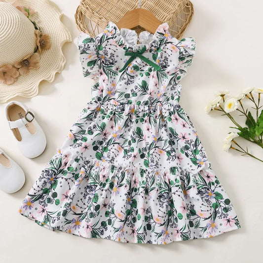 1-6 Years Kids Baby Girl Daily Dress Flowers Print Sleeveless Retro Style Lovely A- Line Summer Children Holiday Party Dresses