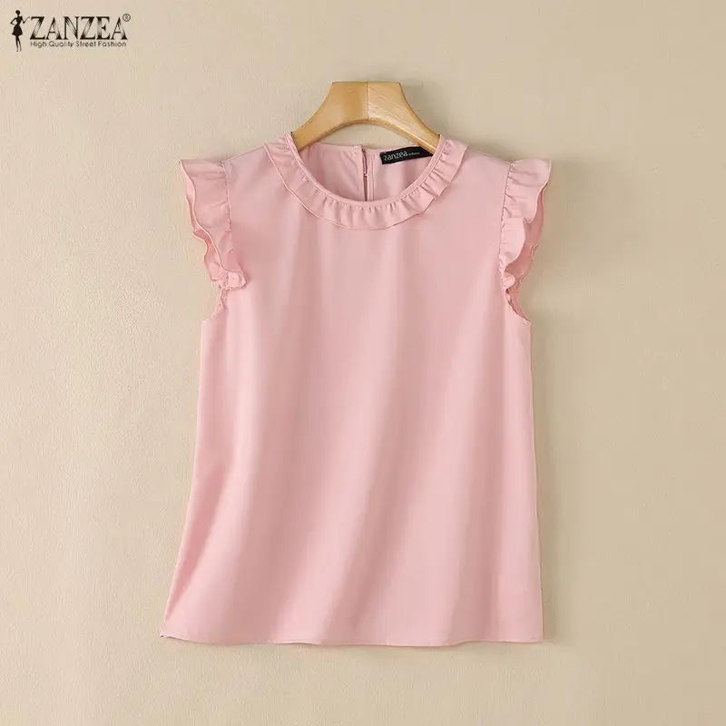ZANZEA 2026 Women Elegant Regular-fit Blouses Ruffles Trim O-Neck Cap Sleeves Solid Color Tops Summer Lightweight Day Wear Blusa