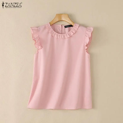 ZANZEA 2026 Women Elegant Regular-fit Blouses Ruffles Trim O-Neck Cap Sleeves Solid Color Tops Summer Lightweight Day Wear Blusa